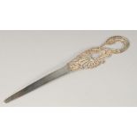 A SILVER AND FILIGREE SILVER PAPER KNIFE with swan's head. 7.5ins long in a blue velvet box.