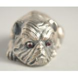 A SMALL RUSSIAN SILVER BULL DOG. 2.75ins long. Mark I. P. Head 84. Eagle, Faberge mark.