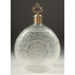 A CONTINENTAL ROUND ETCHED GLASS DECANTER with silver rim and stopper. 7.5ins high.