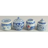 FOUR CHINESE BLUE AND WHITE PORCELAIN TEA CADDIES.