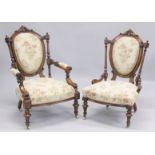 A GOOD VICTORIAN CARVED WALNUT NURSING AND MATCHING ARMCHAIR with padded back, arms and seat,