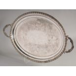 A GOOD PLATED OVAL TWO HANDLED TEA TRAY. 25ins long.