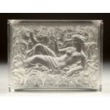 A GOOD FROSTED GLASS RECTANGULAR BOX AND COVER, the lid with a classical nude holding an hourglass