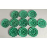 A SET OF ELEVEN FRUITING VINE GREEN DESSERT PLATES 7.5ins diameter