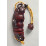 A LARGE CARVED WOOD FRUIT INRO. 7ins long,