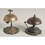 TWO HOTEL METAL DESK BELLS.