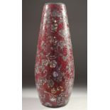 A MURANO RED AND SILVER GLASS VASE. 15ins high.