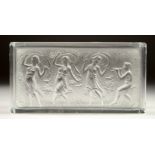 A GOOD FROSTED GLASS RECTANGULAR BOX AND COVER, the lid with the Three Graces and Pan