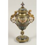 A GOOD 19TH CENTURY FRENCH CHAMPLEVE ENAMEL TWO HANDLED BRONZE URN AND COVER with winged eagle