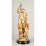 A GOOD GILT METAL GROUP OF A CLASSICAL YOUNG LADY and two cupids, on a circular marble base. Signed.