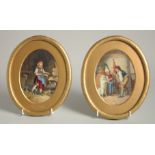 A PAIR OF 19TH CENTURY CONTINENTAL OVAL PORCELAIN PLAQUES, children with cats and dogs. 6ins x 4.