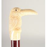 A CARVED BONE HANDLE WALKING STICK, 'PARROT' 2ft 11ins long.