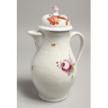 A GOOD COFFEE POT AND COVER painted with flowers. 11ins high.
