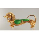 AN 18CT GOLD, RUBY, DIAMOND, AND GREEN ENAMEL DACHSHUND BROOCH BY FRASCAROLO.