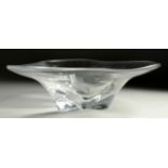 A LARGE ORREFORS SHAPED PLAIN GLASS PEDESTAL DISH. Signed No. 3516/10. 13ins wide x 4ins high.