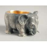 A SMALL RUSSIAN SILVER ELEPHANT SALT, 1.75ins long. Mark, No. over 1897, Eagle, Faberge mark.