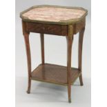 A GOOD 19TH CENTURY FRENCH PARQUETRY MARBLE TOP TABLE, with single drawer, on curving legs with