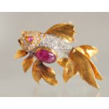 AN18CT GOLD, RUBY, AND DIAMOND SET FISH BROOCH BY FRASCAROLO. 6.9gms.