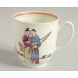 AN 18TH CENTURY WORCESTER COFFEE CUP painted in colour with three Oriental figures.