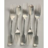 FIVE VARIOUS SILVER FIDDLE PATTERN DESSERT FORKS. Weight 7ozs.
