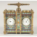 A DOUBLE CLOISONNE ENAMEL CARRIAGE CLOCK AND BAROMETER with carrying handle. 5ins high.
