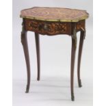 A GOOD 19TH CENTURY FRENCH ROSEWOOD AND MARQUETRY INLAID TABLE with shaped top, single drawer, on