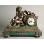 A SUPERB FRENCH BRONZE AND MARBLE CLOCK, with a large bronze cupid holding a feather, with drum m