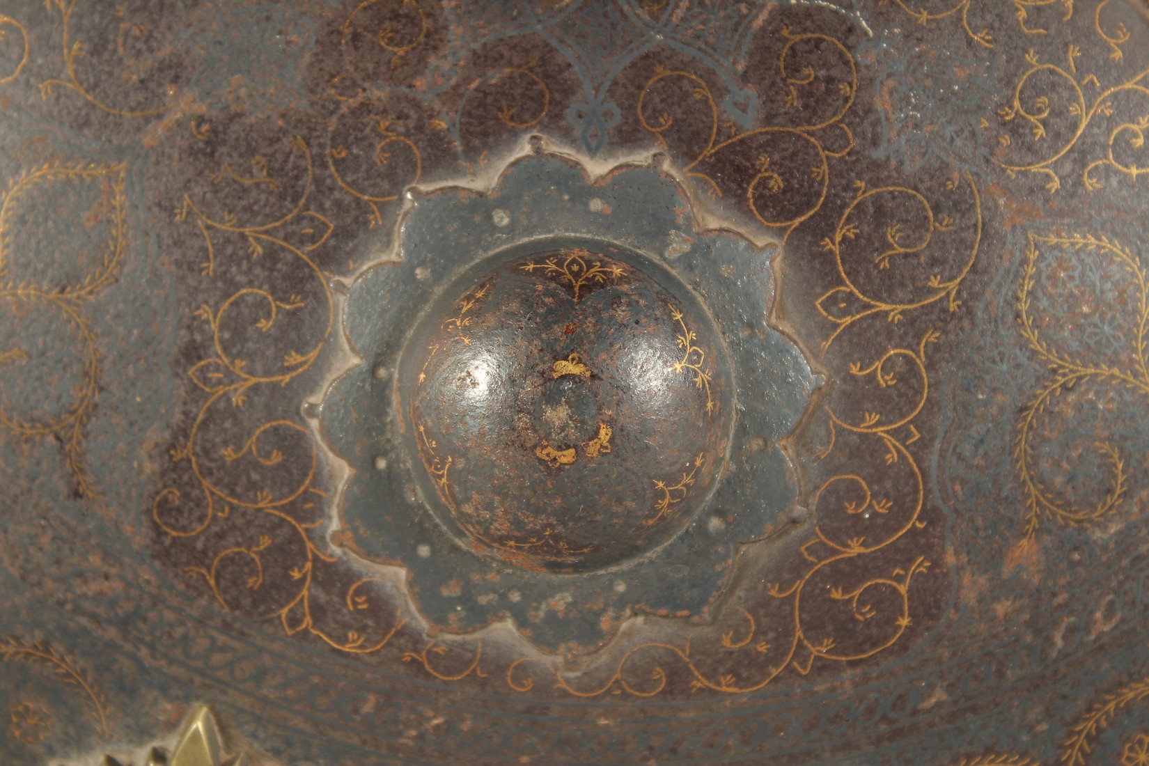 A PERSIAN QAJAR STEEL SHIELD, with gold vine and foliate decoration, the centre with four raised - Image 3 of 5