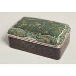 A FINE JAPANESE CLOISONNE RECTANGULAR LIDDED BOX, the lid with finely enamelled decoration depicting