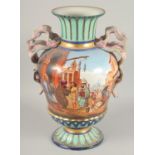 A LARGE OREINTAL TWIN HANDLE PORCELAIN VASE, painted with an Arab market scene, the front of the
