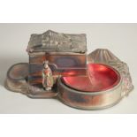 A CHINESE METAL BOX AND TRAY GROUP, the lidded box fitted with musical mechanism, 21cm wide.