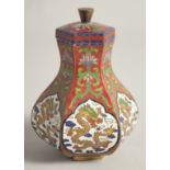 A CHINESE CLOISONNE HEXAGONAL FORM LIDDED VASE / POT, 11.5cm high.