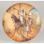 A 19TH CENTURY FRENCH PORCELAIN PLATE WITH ARAB HORSEMAN, the figure holding a rifle and talking