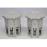 A GOOD PAIR MOORISH MOTHER OF PEARL, BONE AND EBONY OCTAGONAL SHAPED TABLES, 41.5cm diameter, 50cm