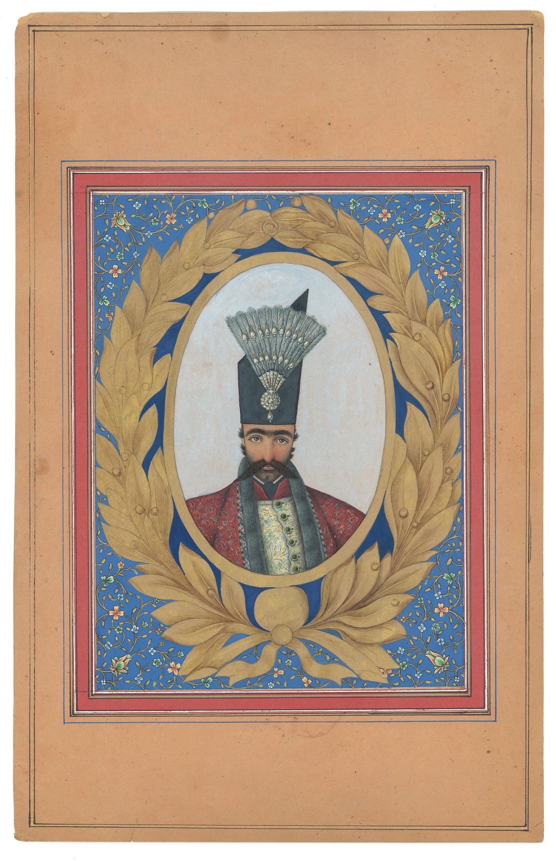 A FINE PORTRAIT MINIATURE PAINTING OF NASER ALDIN SHAH QAJAR, painted with a floral gilt oval border - Image 2 of 3