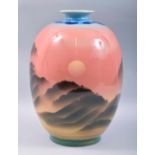 A LARGE JAPANESE PORCELAIN OVOID VASE, the body painted with an atmospheric sunset landscape, 33cm