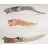TWO 18TH CENTURY SOUTH INDIAN BICHWA DAGGERS, one with silver inlaid handle and clothed wooden