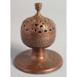 AN 18TH CENTURY TURKISH OTTOMAN GILT COPPER TOMBAK INCENSE BURNER, 12cm high.