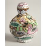 A CHINESE CLOISONNE SNUFF BOTTLE AND SPOON, 6.5cm high.