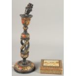 A KASHMIRI LAMP, together with a small rectangular lidded box painted with a polo scene, (2).