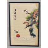 A CHINESE EMBROIDERED SILK PICTURE, depicting an eagle and sunset, framed and glazed, 51.5cm x 34.
