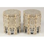 A SMALL PAIR OF MOORISH MOTHER OF PEARL AND BONE INLAID STANDS, with removable tops to reveal