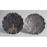 A FINE PAIR OF 19TH CENTURY INDIAN PUNJAB KOFTGARI SILVER INLAID STEEL DISHES, of foliate design,