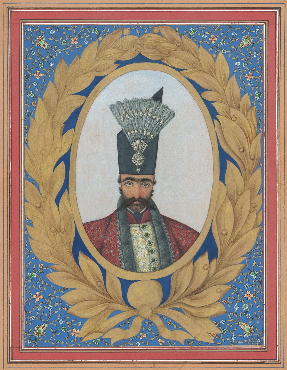 A FINE PORTRAIT MINIATURE PAINTING OF NASER ALDIN SHAH QAJAR, painted with a floral gilt oval border