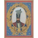 A FINE PORTRAIT MINIATURE PAINTING OF NASER ALDIN SHAH QAJAR, painted with a floral gilt oval border