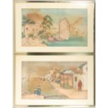 TWO LARGE CHINESE PAINTINGS ON PAPER, one depicting a lakeside scene with a building and figures,