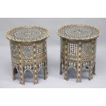 A GOOD PAIR OF MOORISH MOTHER OF PEARL, BONE, EBONY AND TORTOISESHELL INLAID CIRCULAR LOW TABLES,