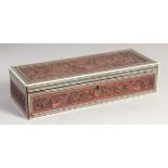 A FINE 19TH CENTURY ANGLO-INDIAN BONE INLAID CARVED SANDALWOOD BOX, with hinged lid. 31cm x 12cm