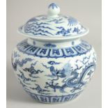 A LARGE CHINESE BLUE AND WHITE PORCELAIN GINGER JAR AND COVER, the jar painted with dragons