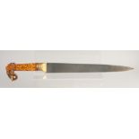 A 19TH CENTURY INDIAN RAJASTHAN DAGGER, with a carved and painted bone handle in the form of an
